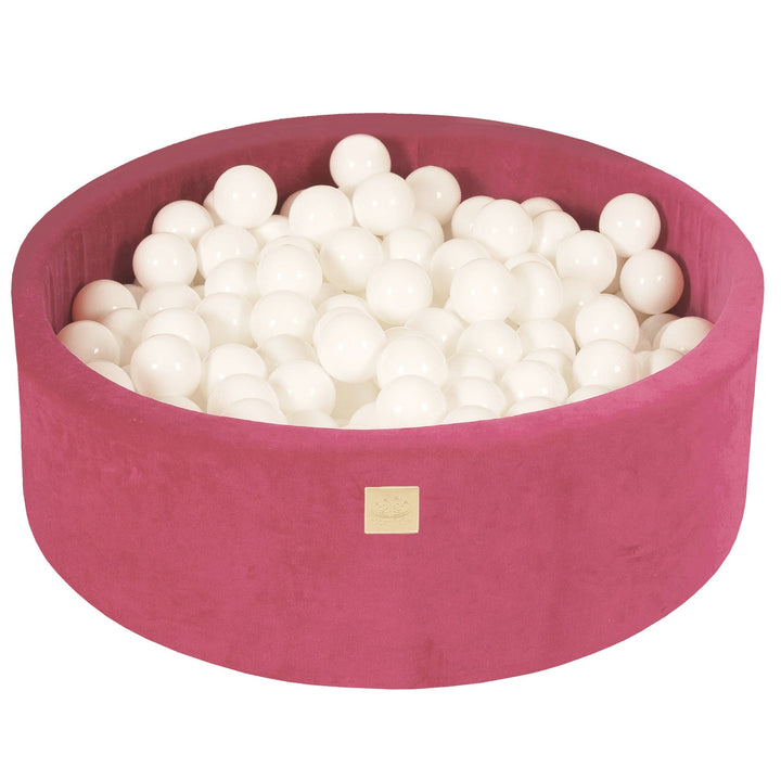 MeowBaby Raspberry Red Round Velvet Ball Pit, 90cm diameter, anti-allergic foam with zip-off velvet cover