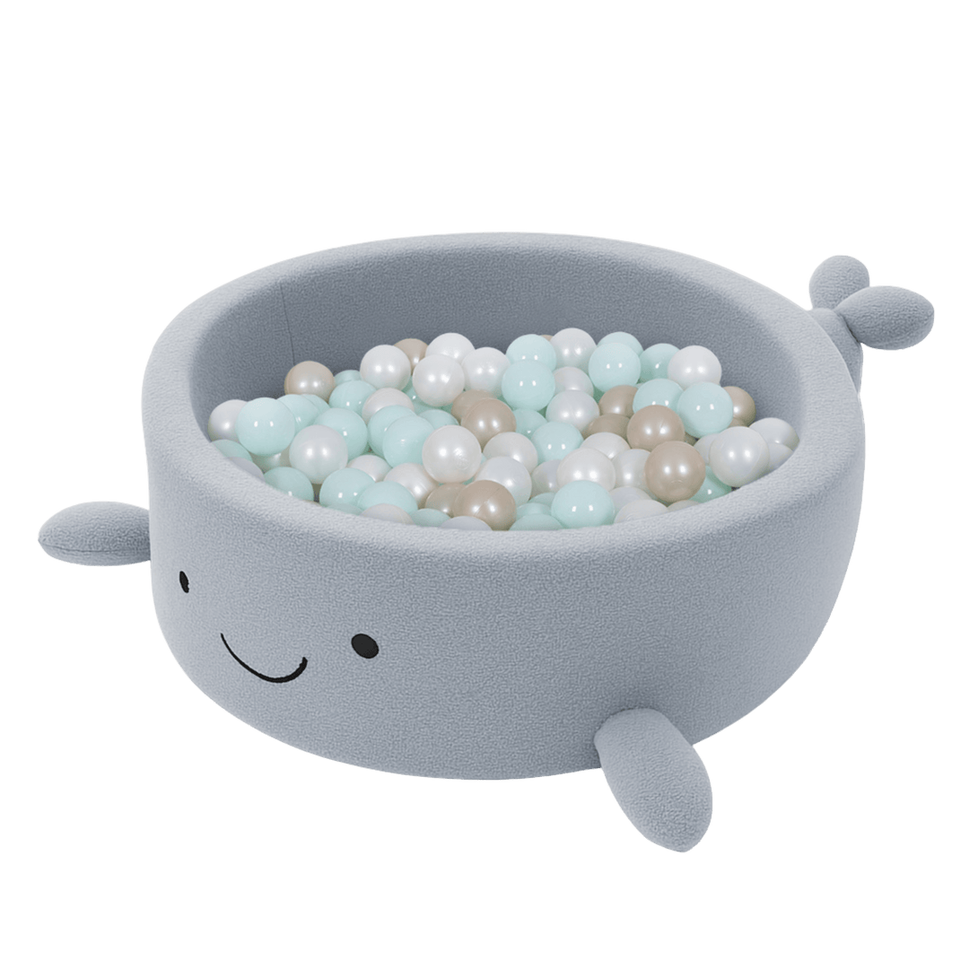 MeowBaby Dusty Ice Blue boucle whale ball pit, front view of the fins and tail