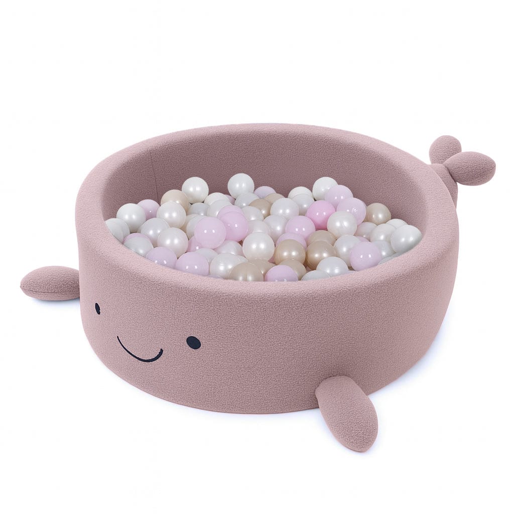 MeowBaby Raspberry Glaze Pink boucle whale ball pit, front view of the fins and tail