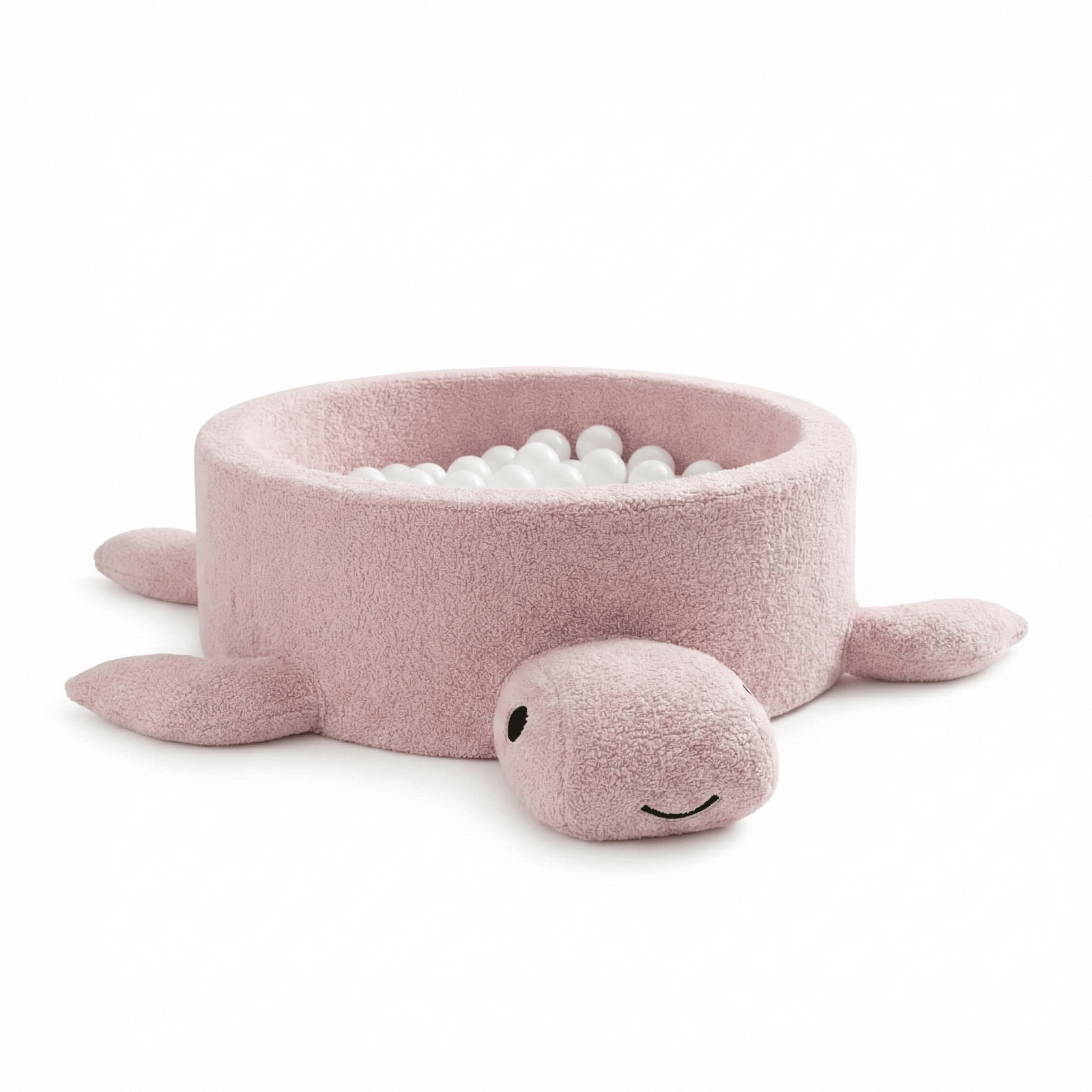 MeowBaby Raspberry Glaze Pink boucle turtle ball pit, front view of the shell and flippers