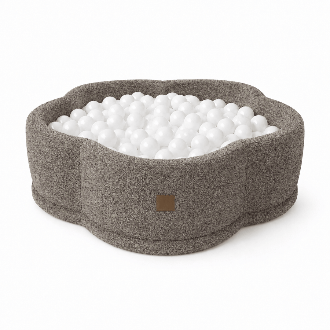 MeowBaby Tan Beige Boucle Flower ball pit, petal-shaped foam ball pit with warm taupe looped bouclé fabric cover