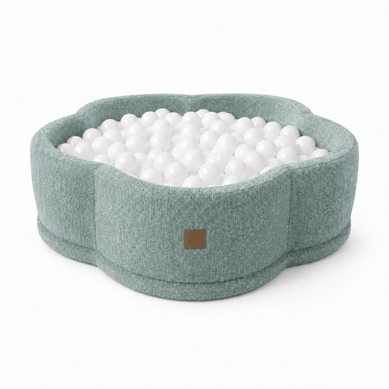 MeowBaby Fresh Mint Boucle Flower ball pit, petal-shaped foam ball pit with muted sage looped bouclé fabric cover