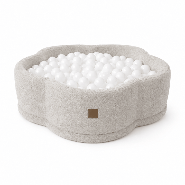 MeowBaby Champagne Ecru Boucle Flower ball pit, petal-shaped foam ball pit with looped bouclé fabric cover