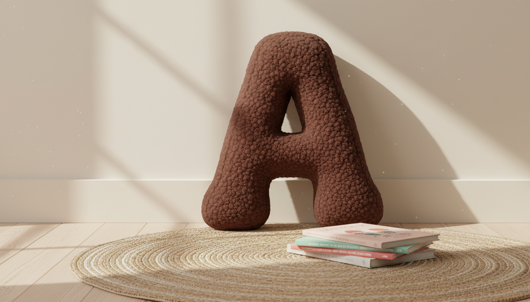MeowBaby Dark Brown Teddy Letter Cushion in a reading nook beside picture books