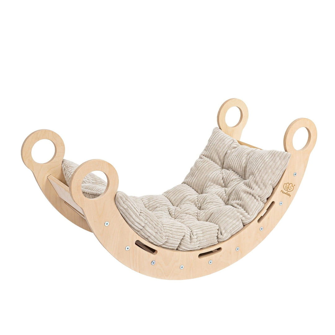 MeowBaby Dream Rocker in Classic Wood with the beige cushion insert, studio shot
