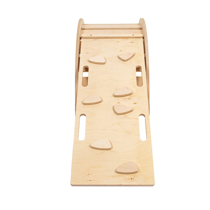 MeowBaby Dream Rocker in Classic Wood, Ladder accessory attached alone, grip-textured climbing panel