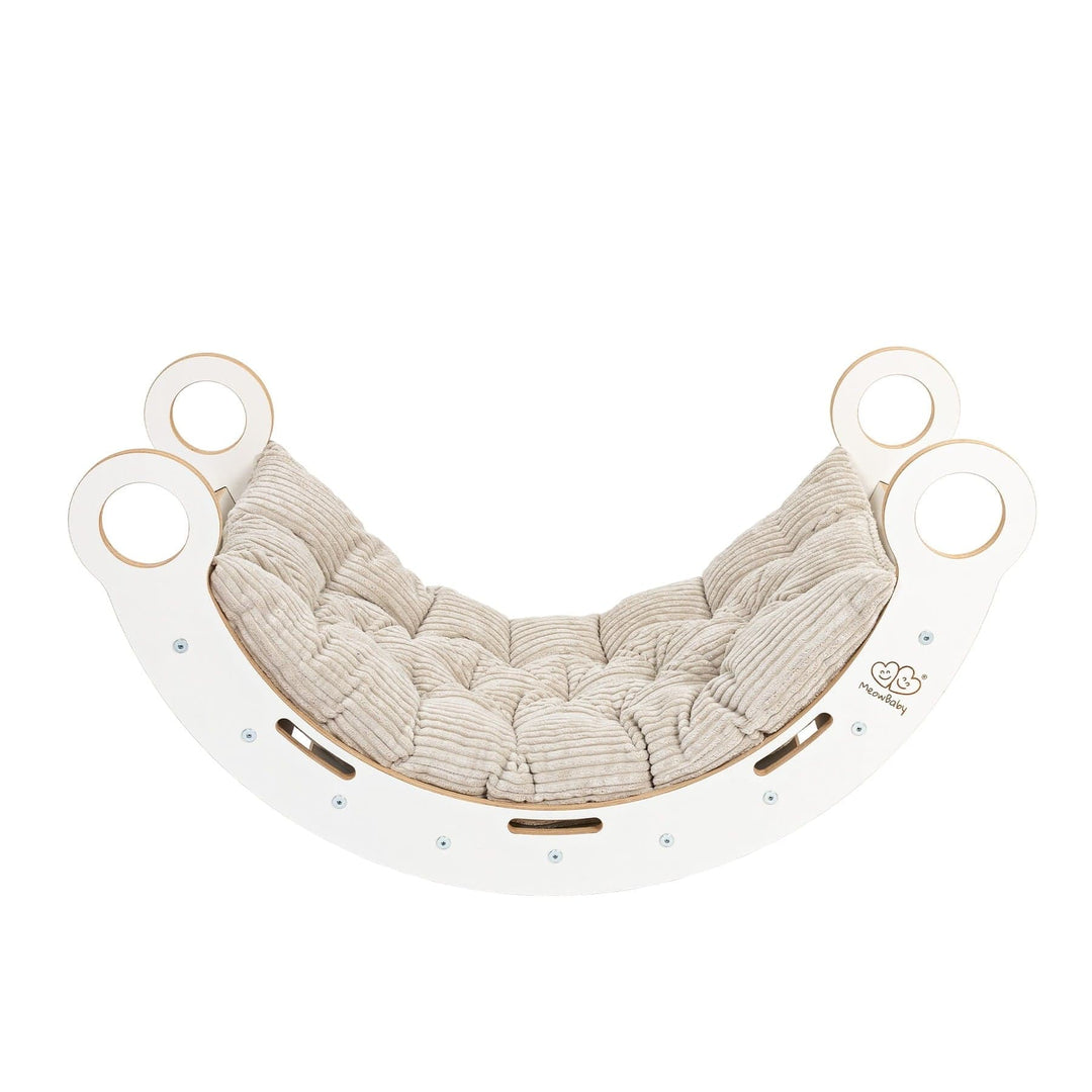 MeowBaby Dream Rocker in White Wood with the beige cushion insert, studio shot
