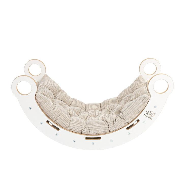 MeowBaby Dream Rocker in White Wood with the beige cushion insert, studio shot