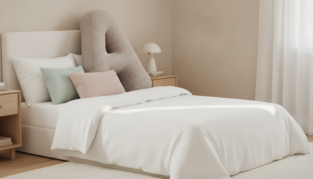 MeowBaby Light Gray Teddy Letter Cushion propped against pillows on a made toddler bed