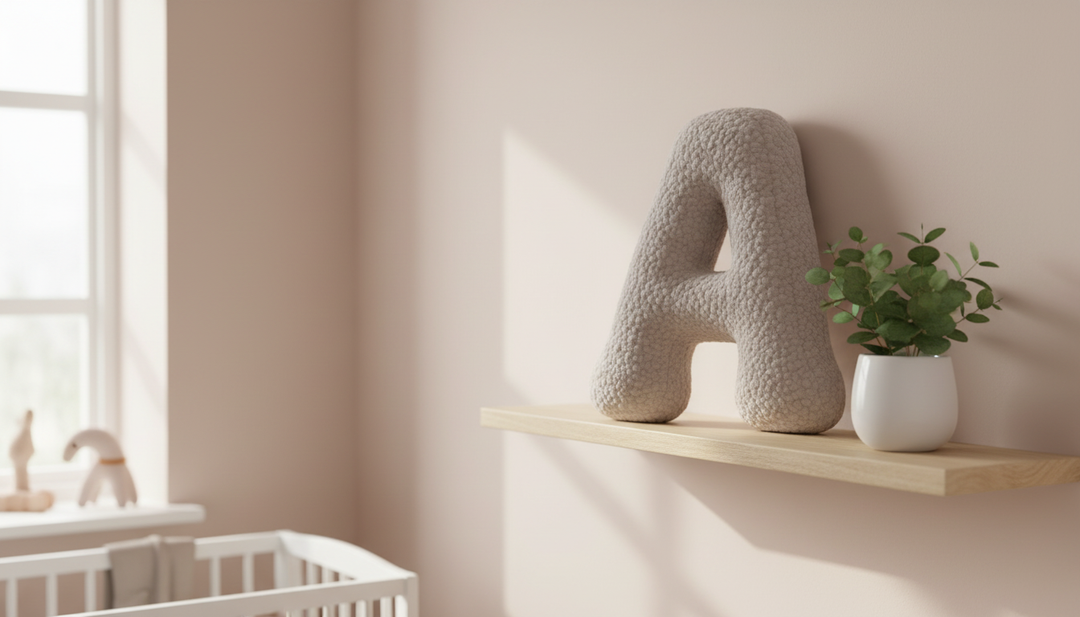MeowBaby Light Gray Teddy Letter Cushion styled on a nursery shelf beside a potted plant