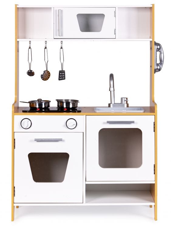 MeowBaby Natural & White Wooden Play Kitchen, straight-on front view showing sink, hob and oven doors