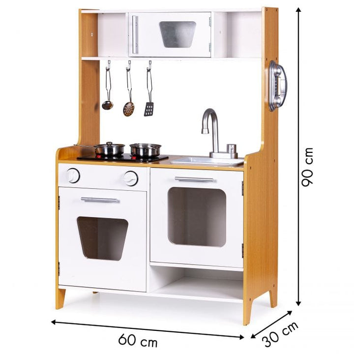 MeowBaby Natural &amp; White Wooden Play Kitchen dimensions diagram: 90cm high, 60cm wide, 30cm deep
