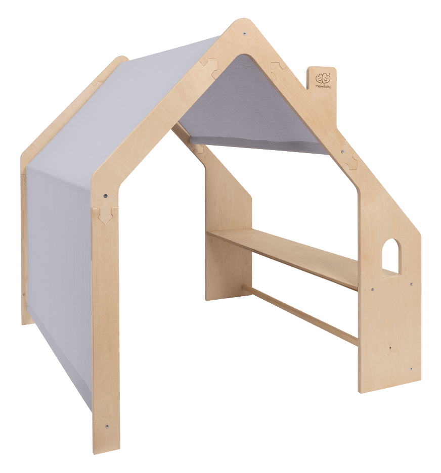 MeowBaby Natural Wooden Playhouse with Blue Roof, studio shot