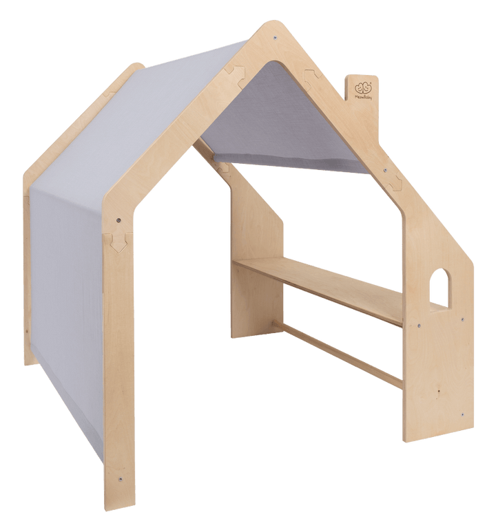 MeowBaby Natural Wooden Playhouse with Blue Roof, studio shot