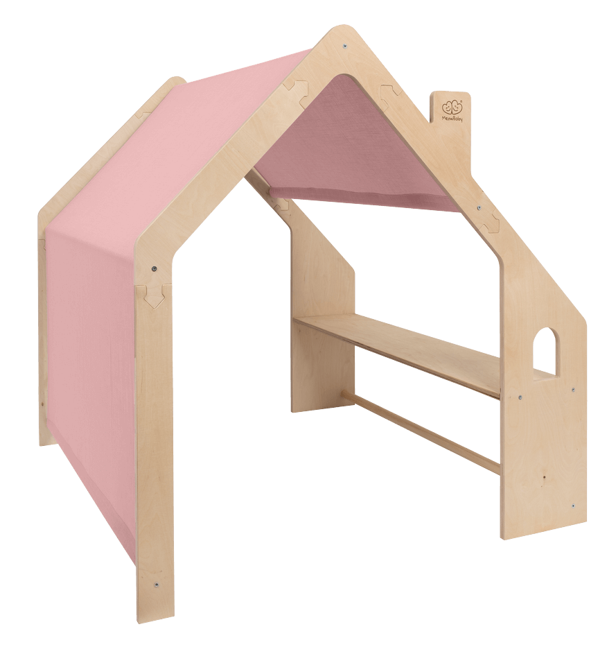 MeowBaby Natural Wooden Playhouse with Pink Roof, studio shot
