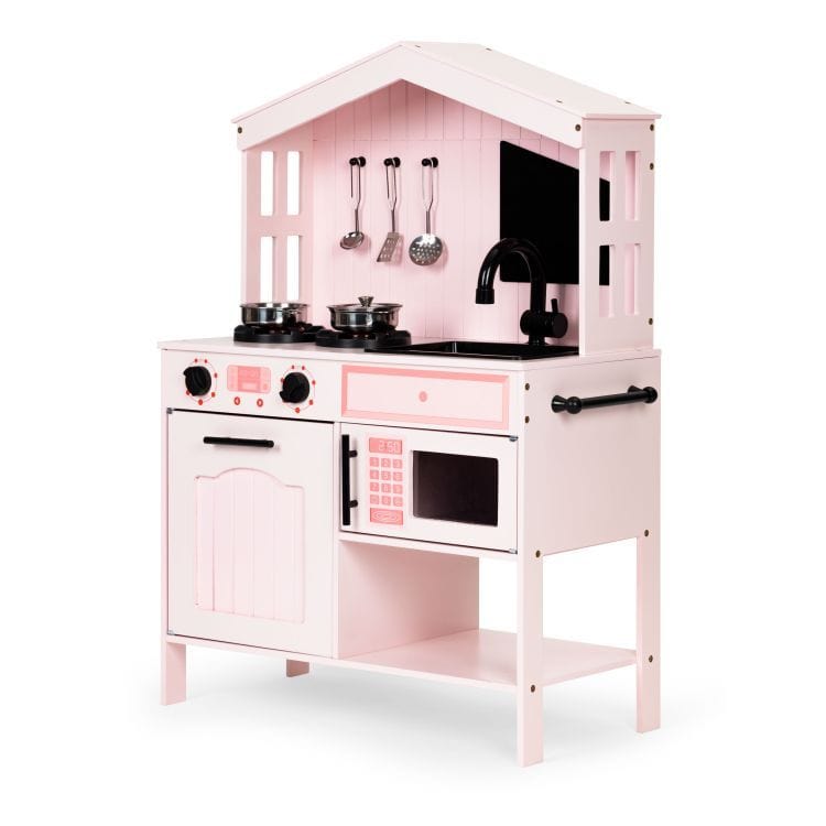 MeowBaby Pink Cottage Wooden Play Kitchen, front view with pitched canopy and hanging utensils