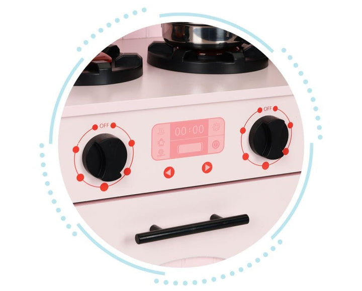 Close-up of the MeowBaby Pink Cottage Wooden Play Kitchen control knobs and clock display