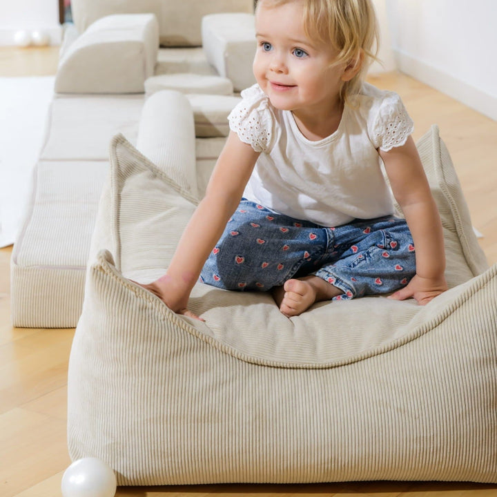MeowBaby Slimcord Square Beanbag — child playing on square beanbag indoors