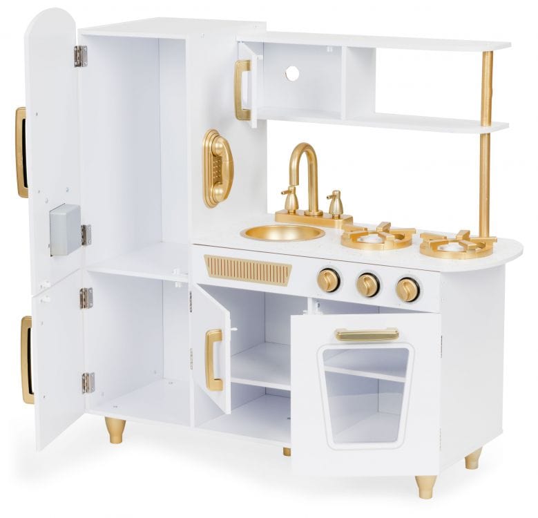 MeowBaby White &amp; Gold Wooden Play Kitchen, angled view with both cabinet doors open