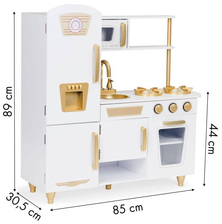 MeowBaby White &amp; Gold Wooden Play Kitchen dimensions diagram: 89cm high, 85cm wide, 30.5cm deep, fridge column 44cm
