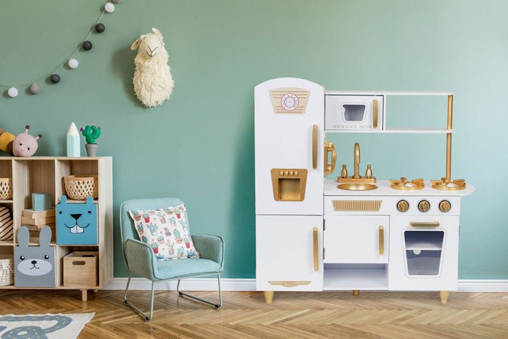 MeowBaby White &amp; Gold Wooden Play Kitchen styled in a green playroom setting