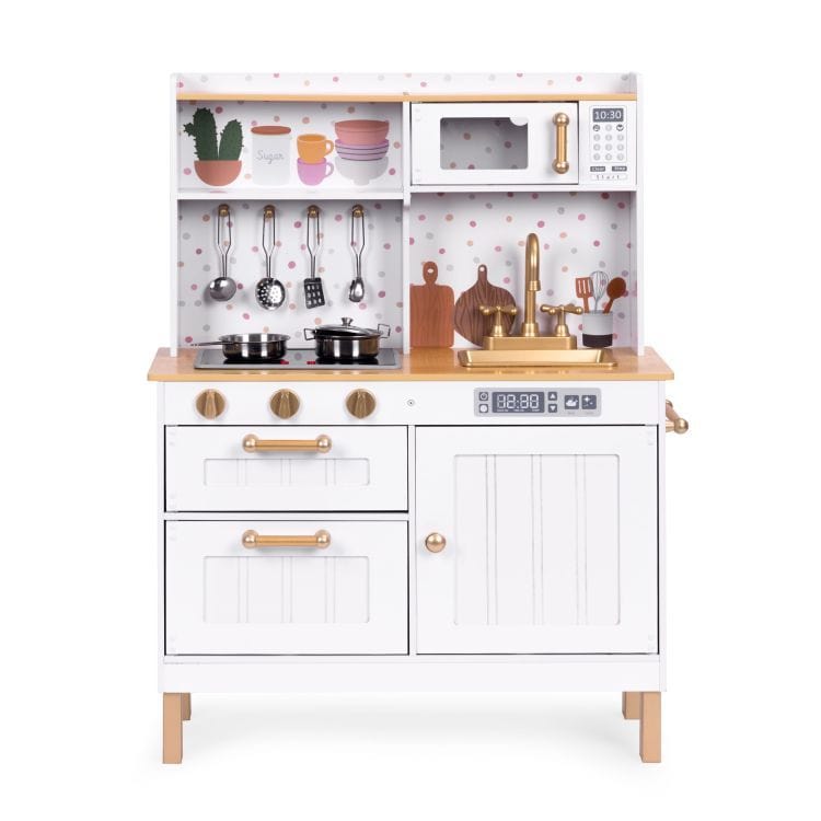 MeowBaby White & Rose Gold Wooden Play Kitchen, straight-on front view with open shelving and hanging utensils