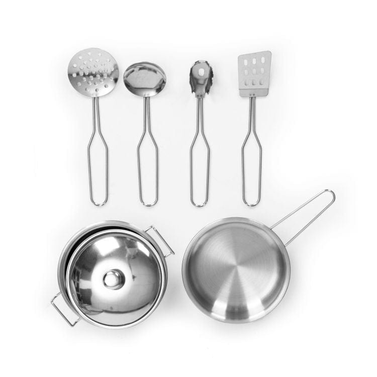 MeowBaby White &amp; Rose Gold Wooden Play Kitchen accessories: strainer, ladle, tongs, spatula, pot with lid and frying pan