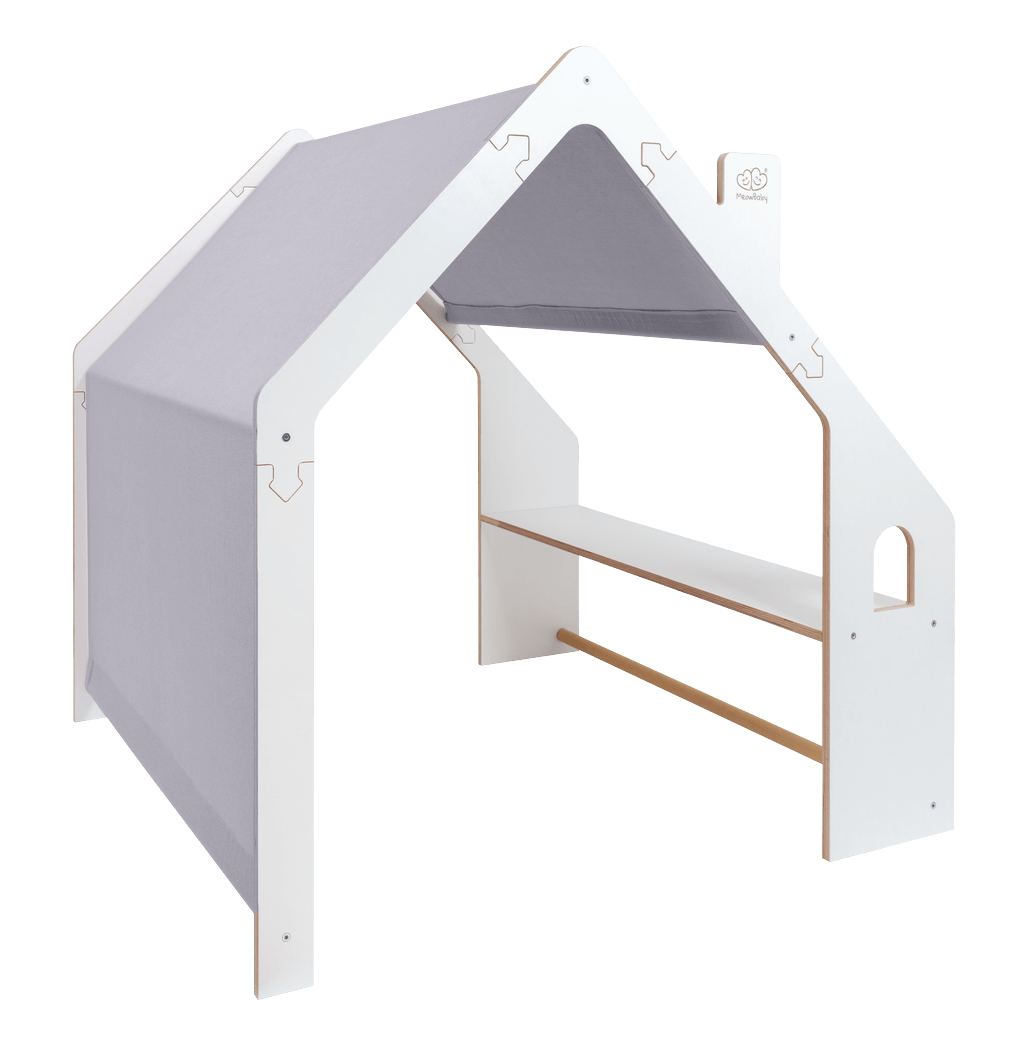 MeowBaby White Wooden Playhouse with Blue Roof, studio shot