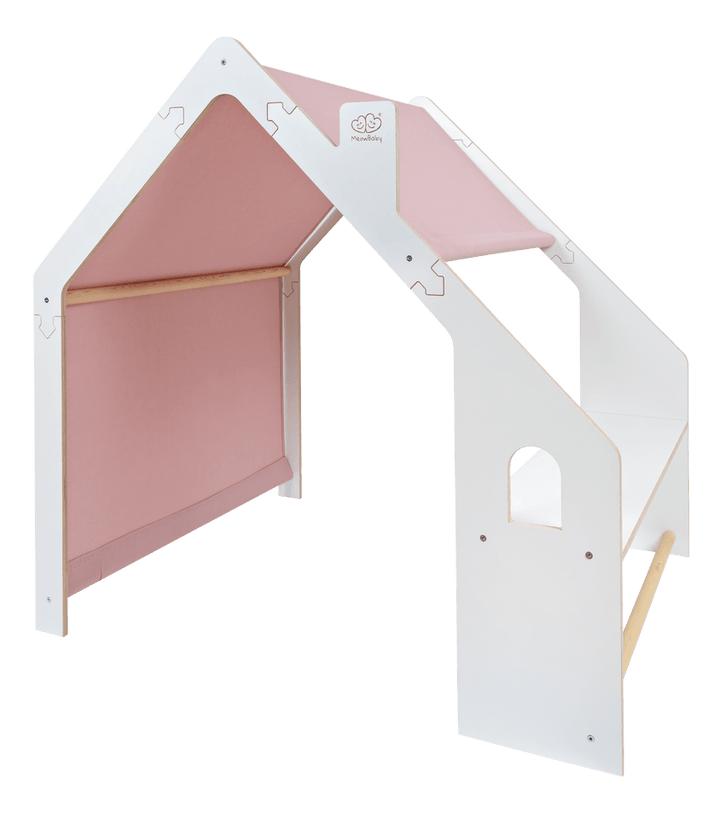 MeowBaby White Wooden Playhouse with Pink Roof, studio shot