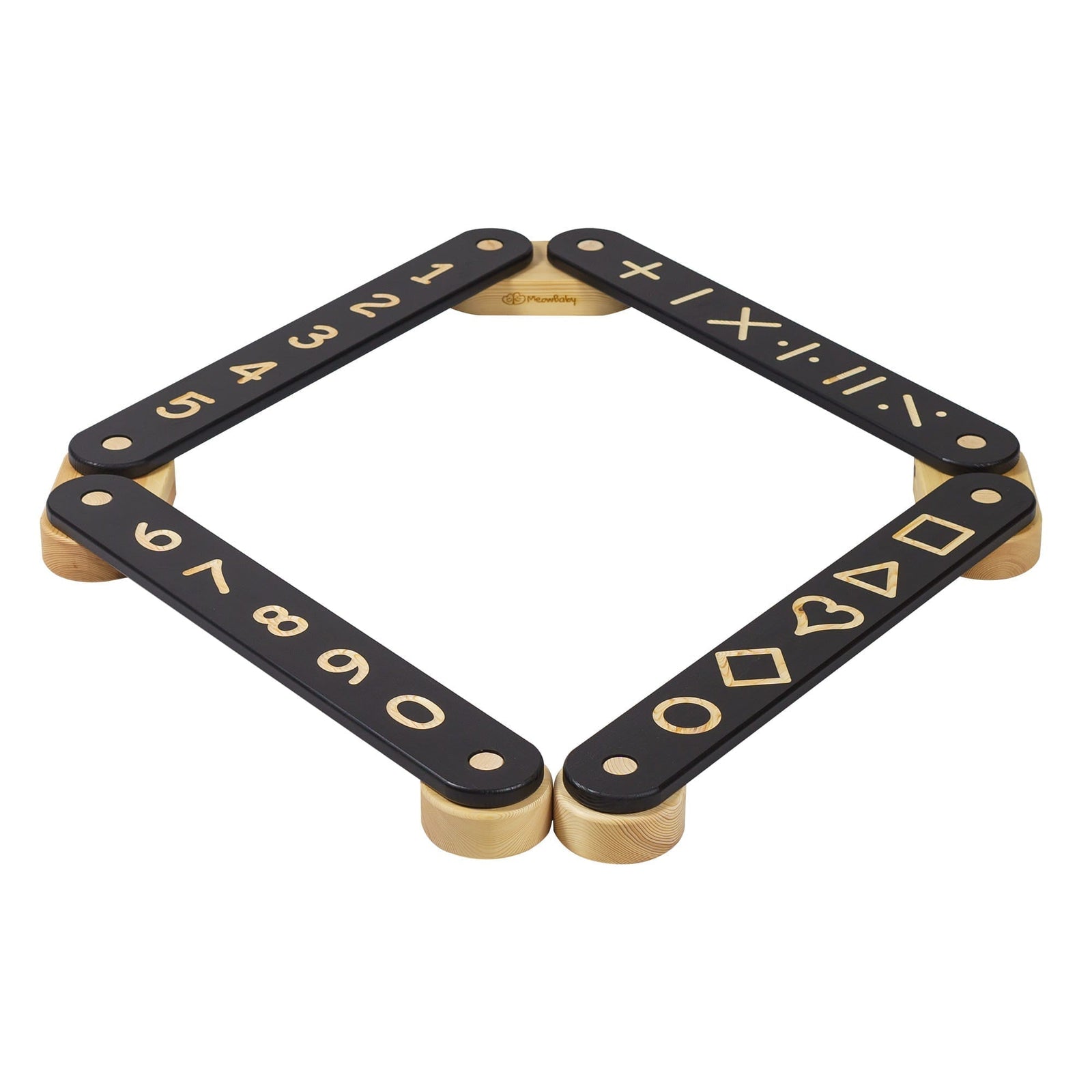 MeowBaby Wooden Balance Beam Sensory Path, 4-piece, Black, folded into a square showing the numbers and shapes side
