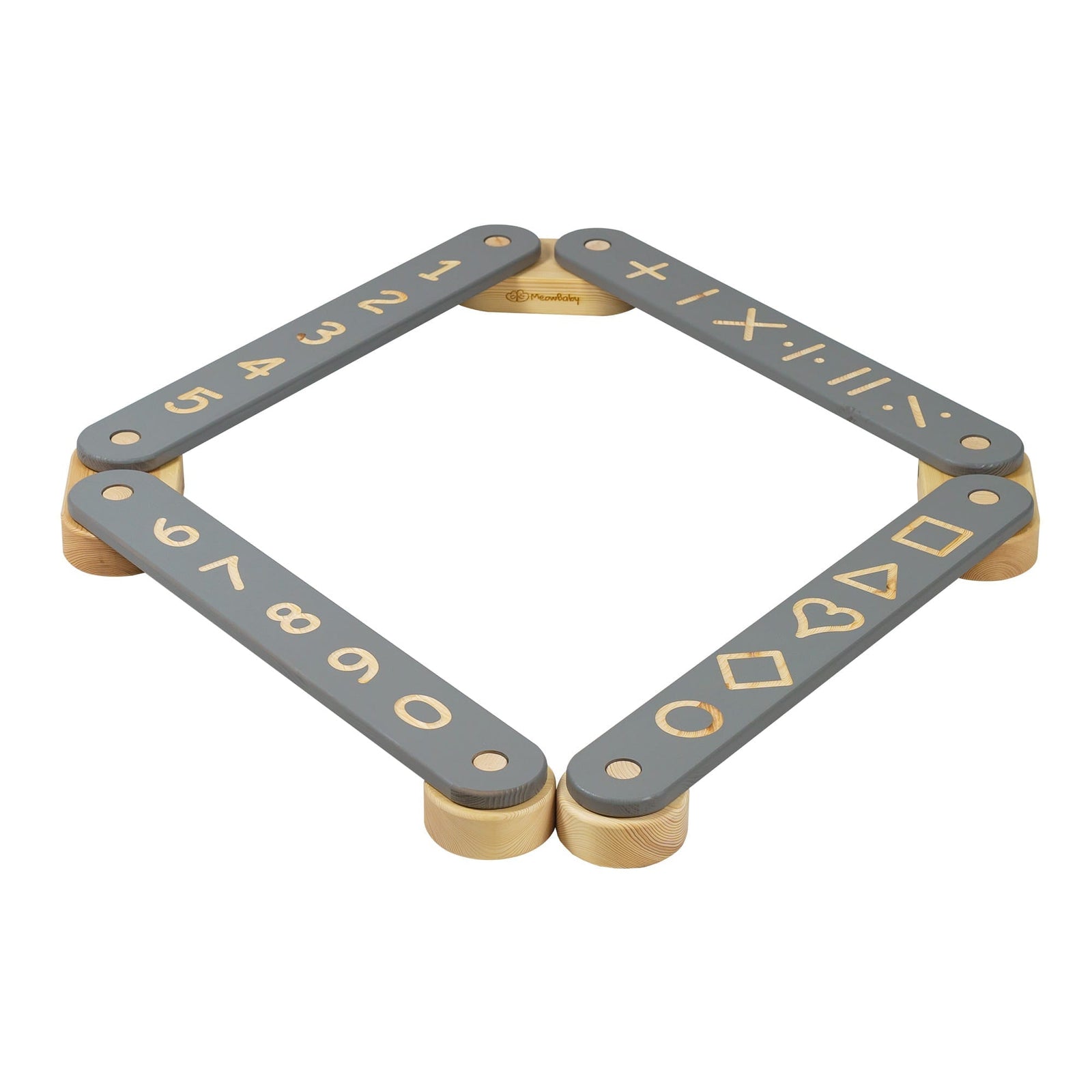 MeowBaby Wooden Balance Beam Sensory Path, 4-piece, Grey, folded into a square showing the numbers and shapes side