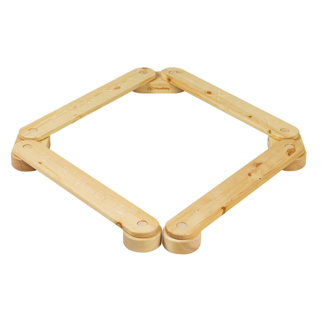 MeowBaby Wooden Balance Beam Sensory Path, 4-piece, Natural, folded into a square showing the numbers and shapes side