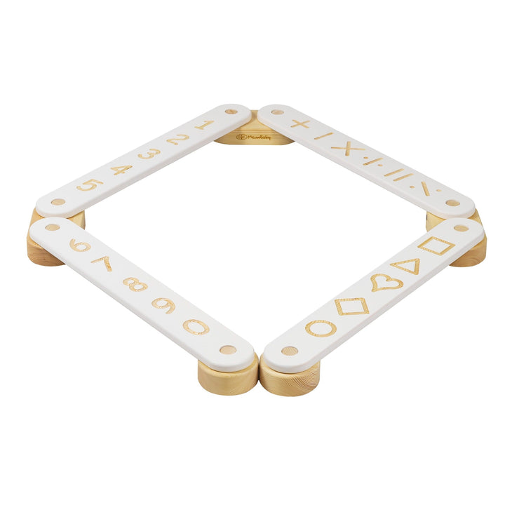 MeowBaby Wooden Balance Beam Sensory Path, 4-piece, White, folded into a square showing the numbers and shapes side