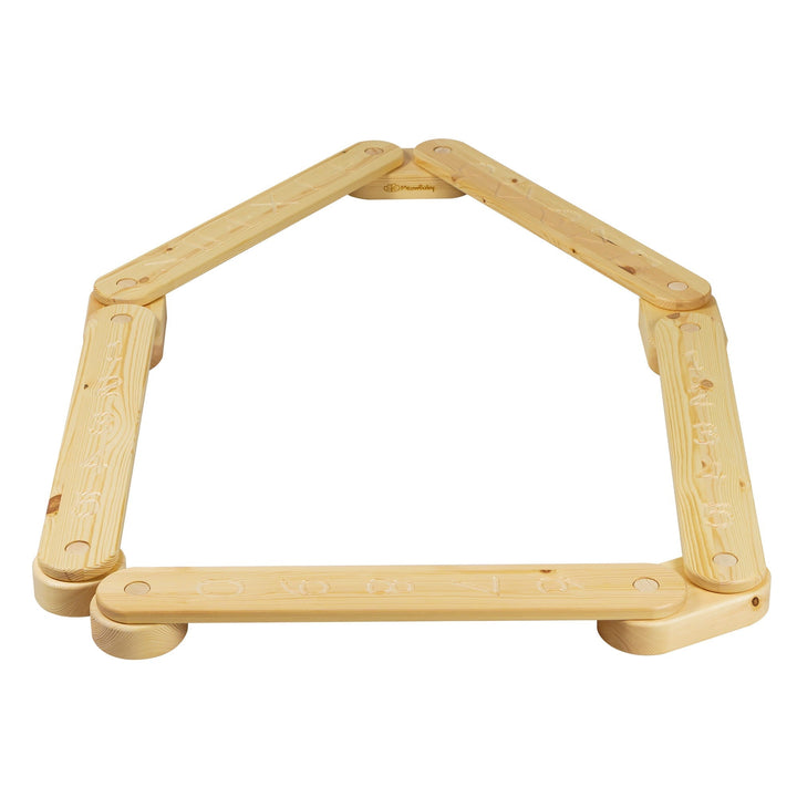 MeowBaby Wooden Balance Beam Sensory Path, 5-piece, Natural, folded into a house shape showing the numbers and shapes side