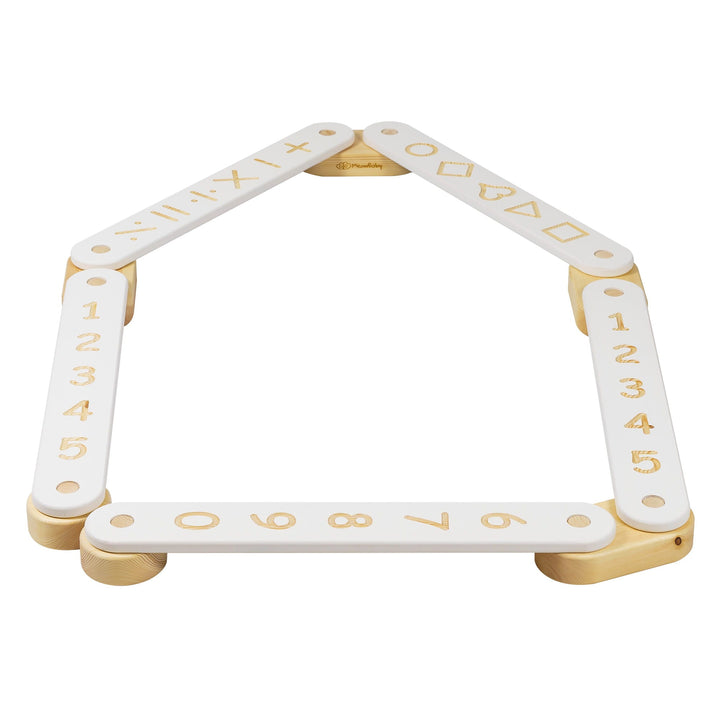 MeowBaby Wooden Balance Beam Sensory Path, 5-piece, White, folded into a house shape showing the numbers and shapes side