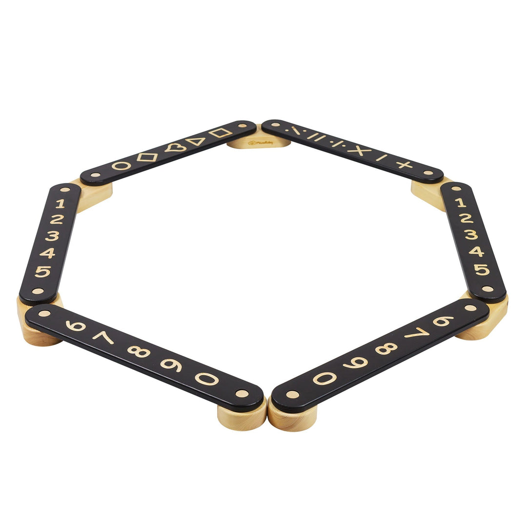 MeowBaby Wooden Balance Beam Sensory Path, 6-piece, Black, folded into a hexagon showing the numbers and shapes side