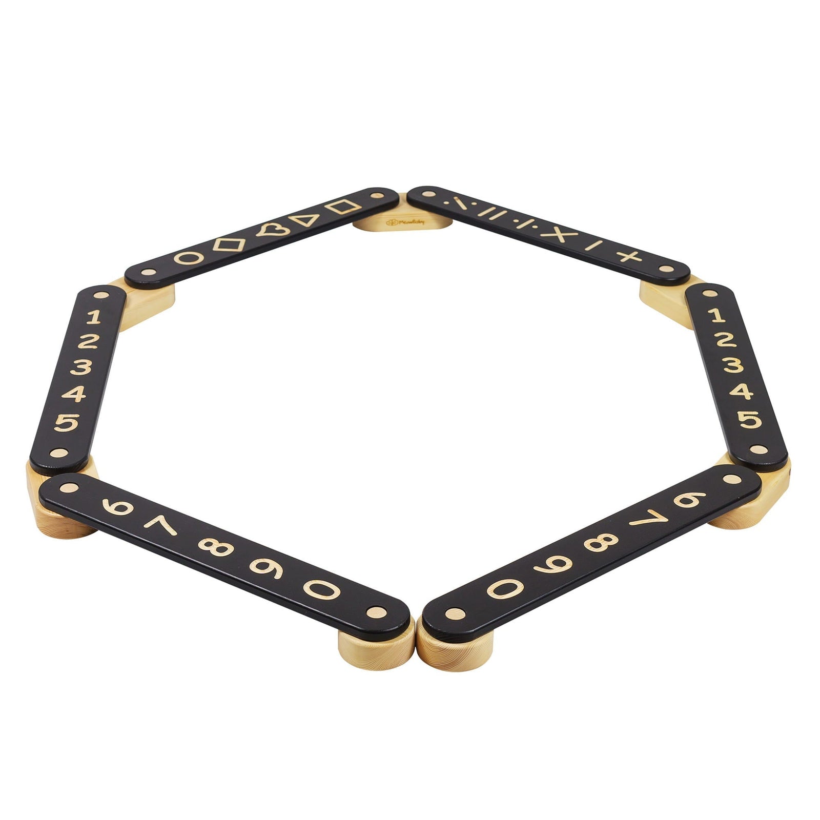 MeowBaby Wooden Balance Beam Sensory Path, 6-piece, Black, folded into a hexagon showing the numbers and shapes side