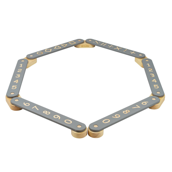 MeowBaby Wooden Balance Beam Sensory Path, 6-piece, Grey, folded into a hexagon showing the numbers and shapes side