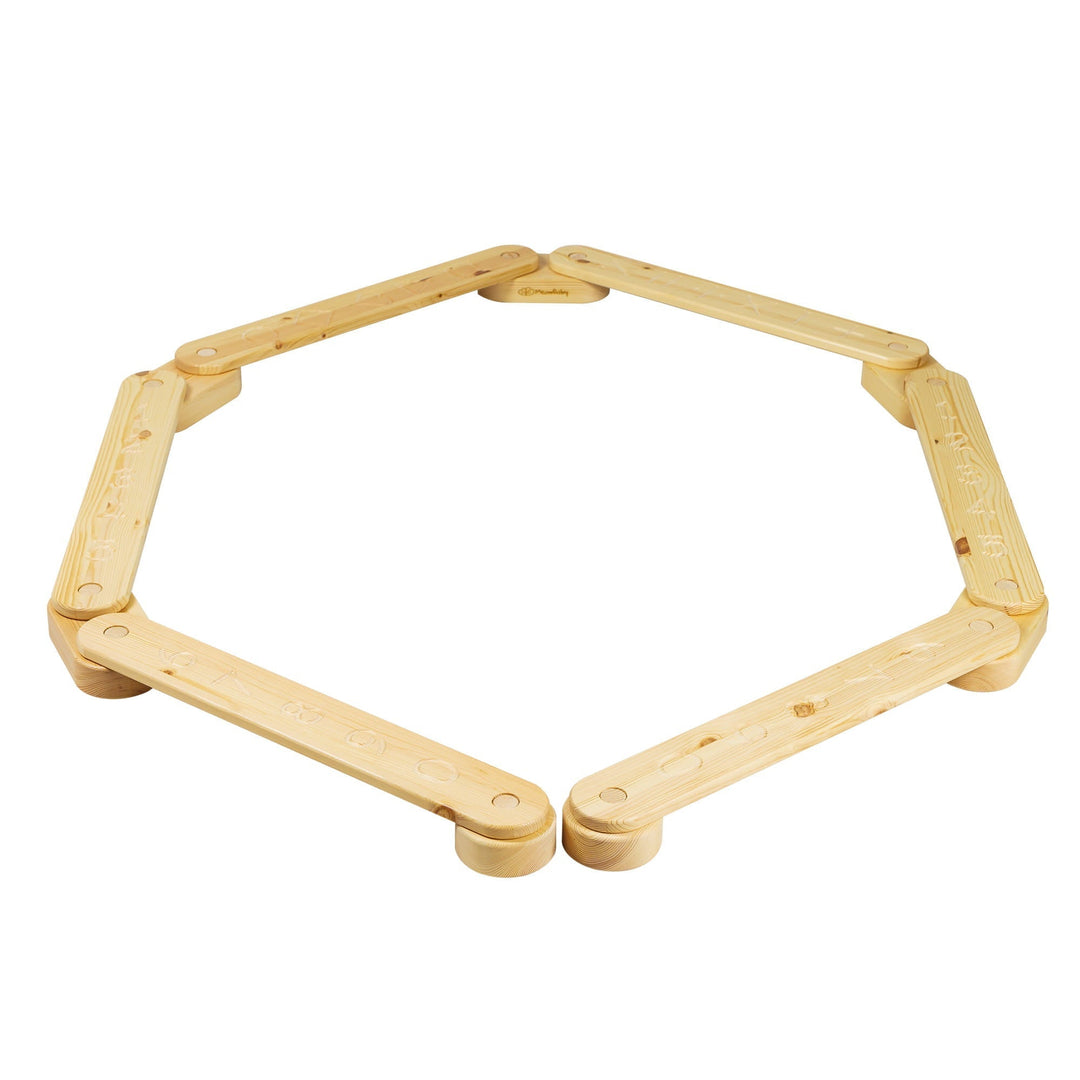 MeowBaby Wooden Balance Beam Sensory Path, 6-piece, Natural, folded into a hexagon showing the numbers and shapes side