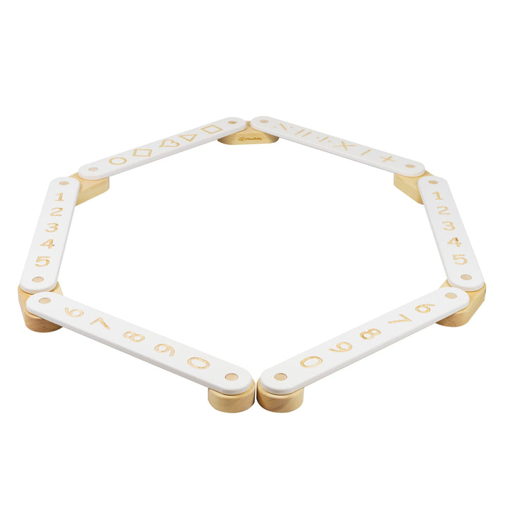 MeowBaby Wooden Balance Beam Sensory Path, 6-piece, White, folded into a hexagon showing the numbers and shapes side