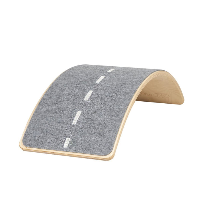 MeowBaby Wooden Balance Board 80x30cm in Natural with Melange Grey Highway felt grip surface, printed road markings