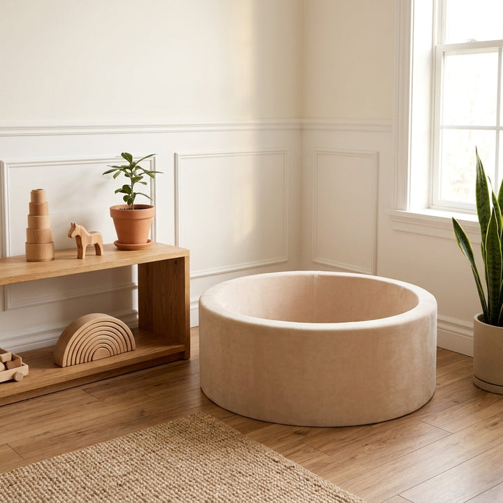 Monio for Kids Beige Plush Round Ball Pit styled in a bright Scandinavian nursery corner