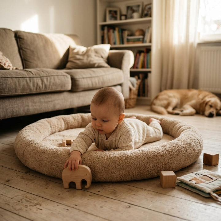 Baby playing inside the Monio for Kids Beige Plush Padded Nest Playmat at home