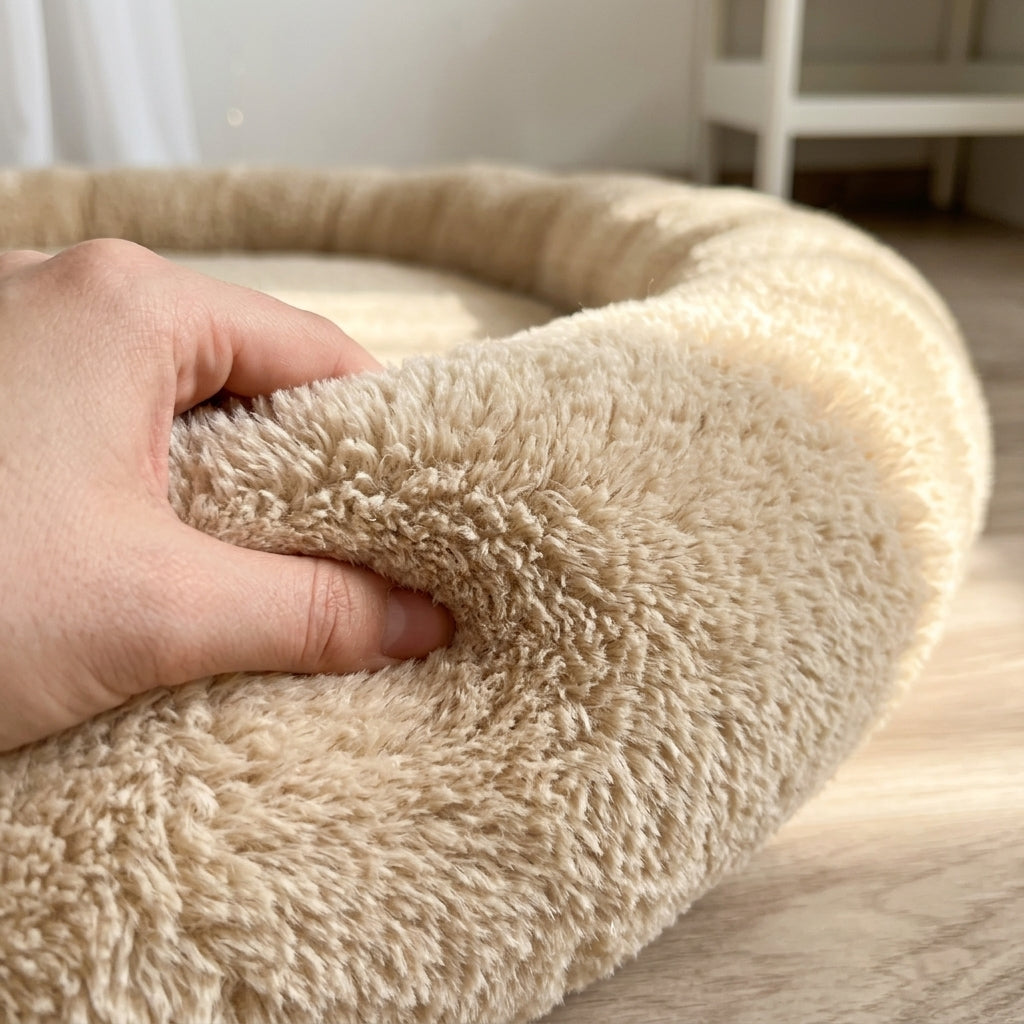 Close-up of the soft plush fabric texture on the Monio for Kids Beige Plush Padded Nest Playmat