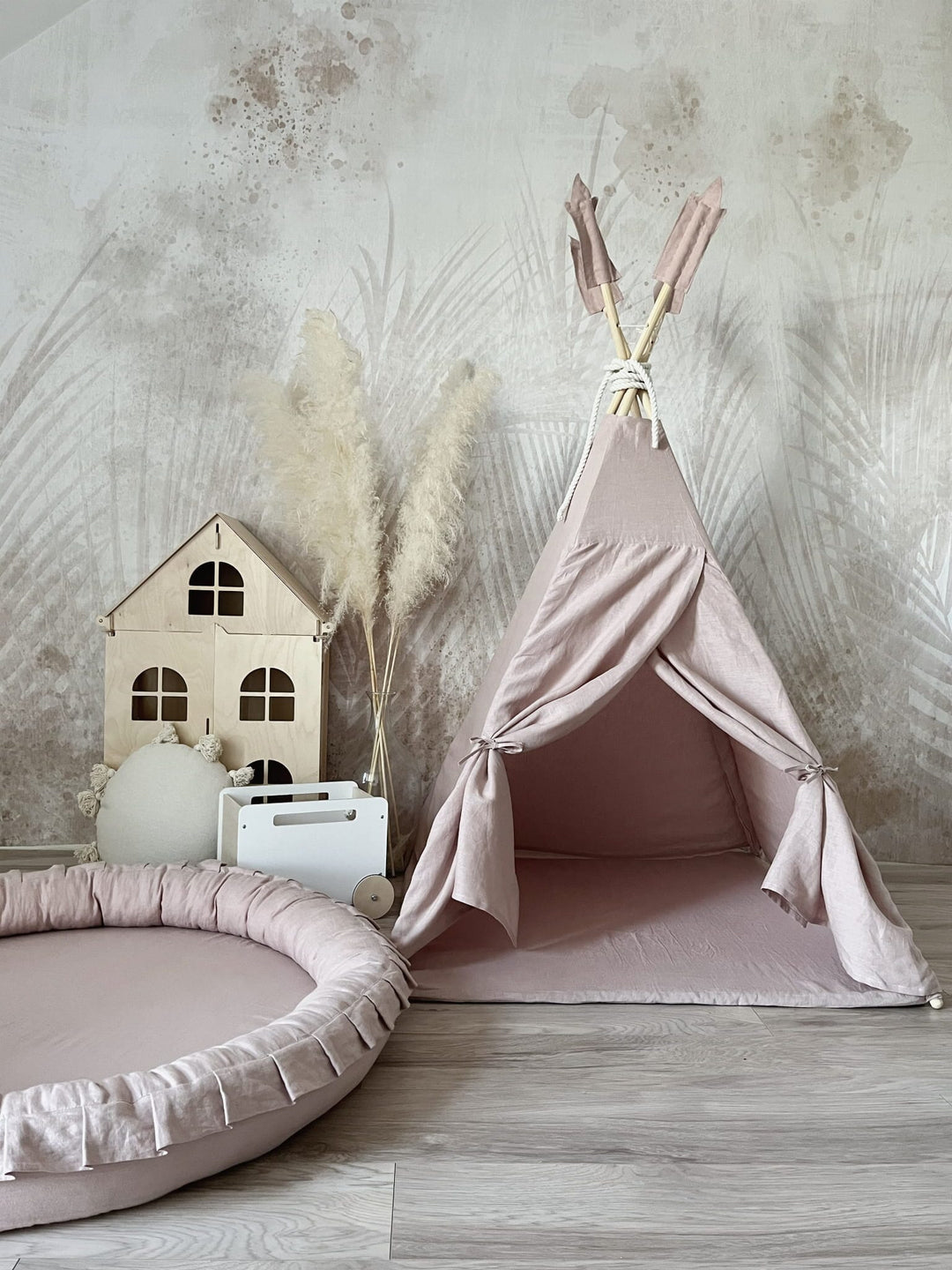 Dusty Pink Linen Padded Nest Playmat Play Mats MONIO for Kids