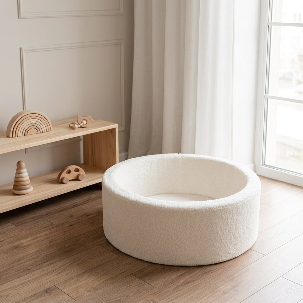 Monio for Kids Ecru Plush Round Ball Pit styled in a bright Scandinavian nursery corner