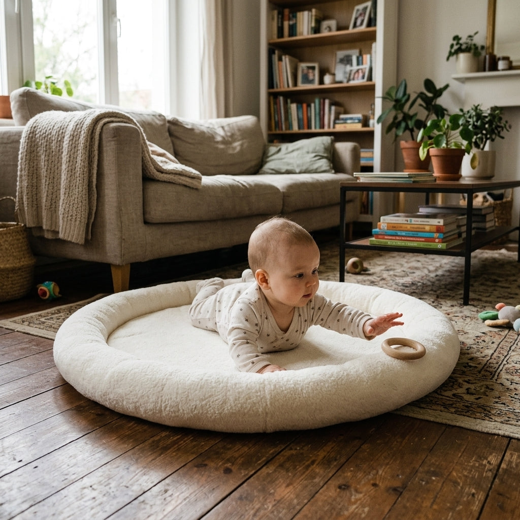 Baby playing inside the Monio for Kids Ecru Plush Padded Nest Playmat at home