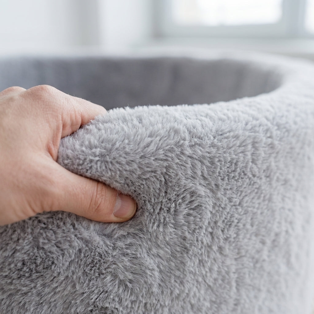 Close-up of the soft plush fabric texture on the Monio for Kids Light Grey Plush Round Ball Pit