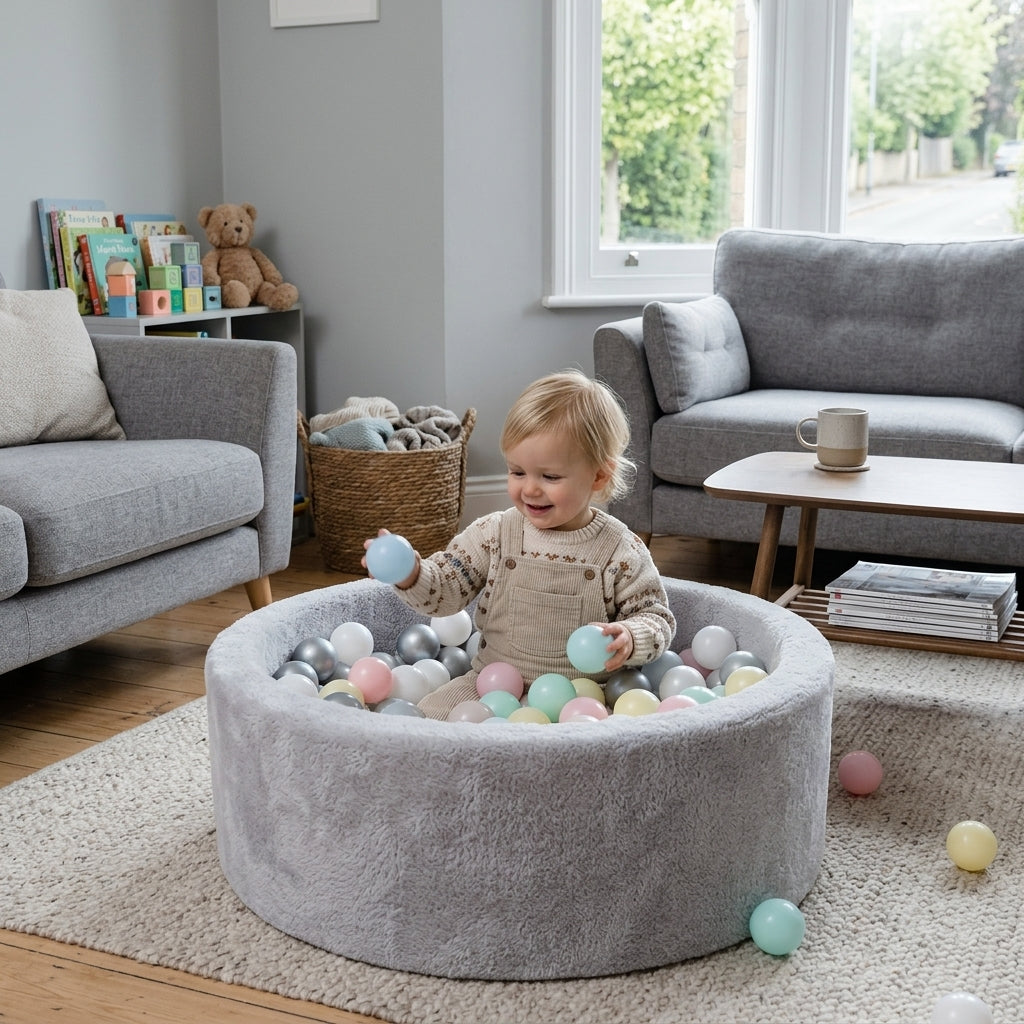 Toddler playing inside the Monio for Kids Light Grey Plush Round Ball Pit at home