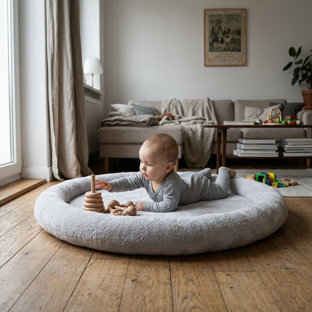 Baby playing inside the Monio for Kids Light Grey Plush Padded Nest Playmat at home